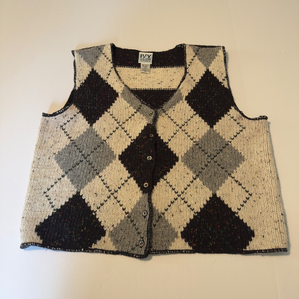 Ivy Club Classics Argyle Button Front Sweater Vest Wool Blend Large Black Cream